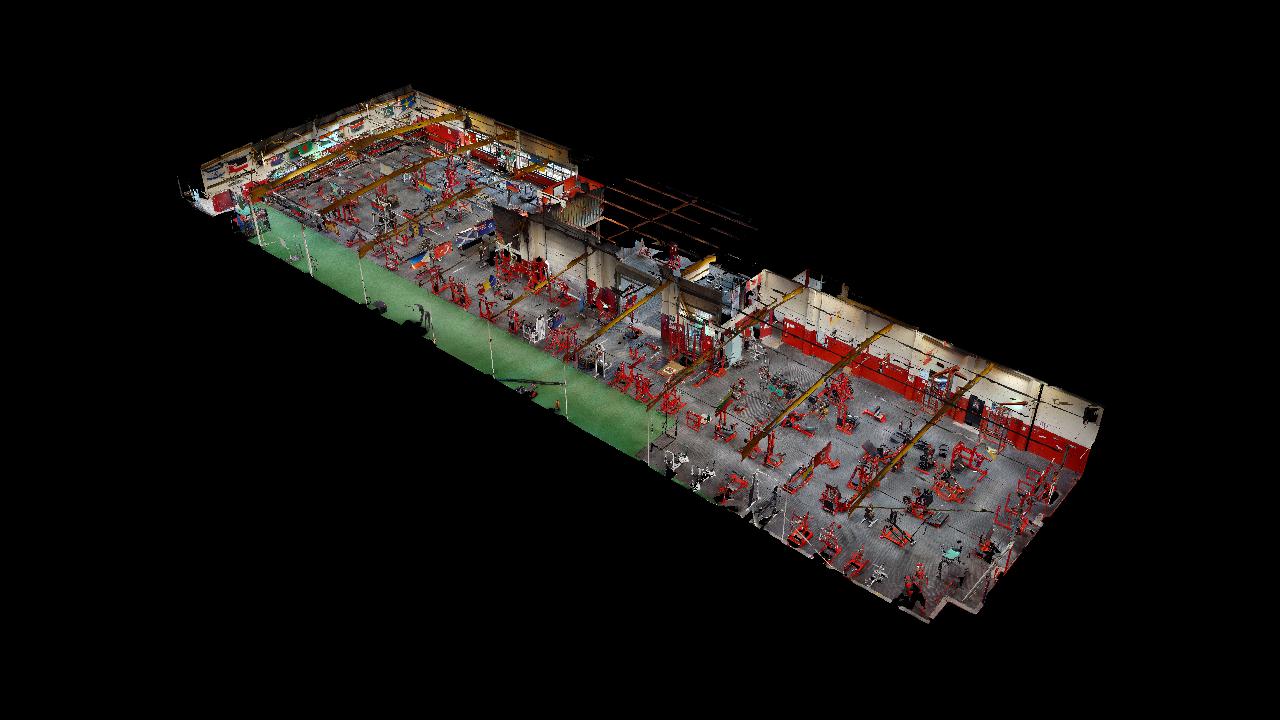 Dollhouse view of a large venue captured as a 3D scan