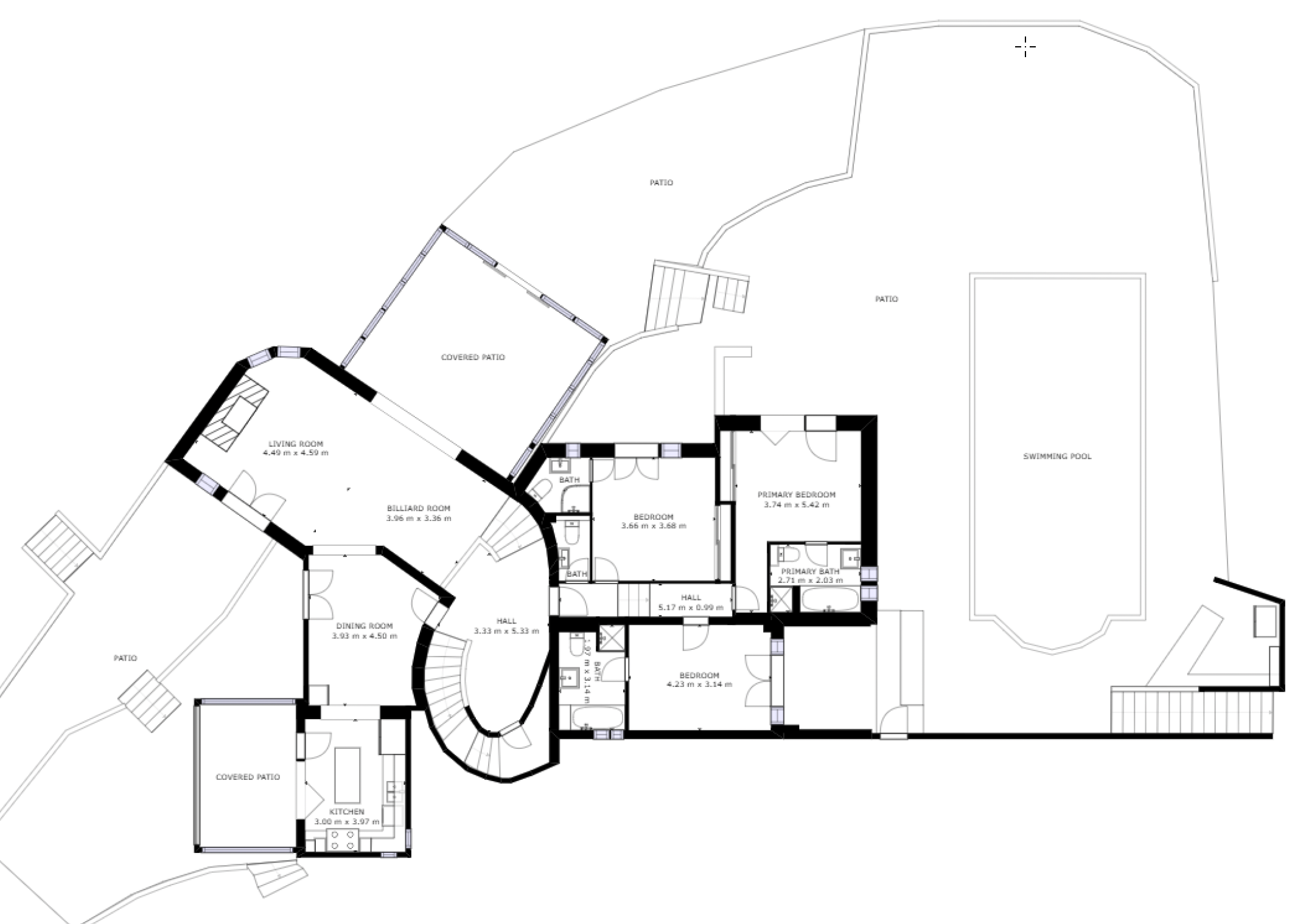 Measured floor plan of a four-storey villa with pool and terraces